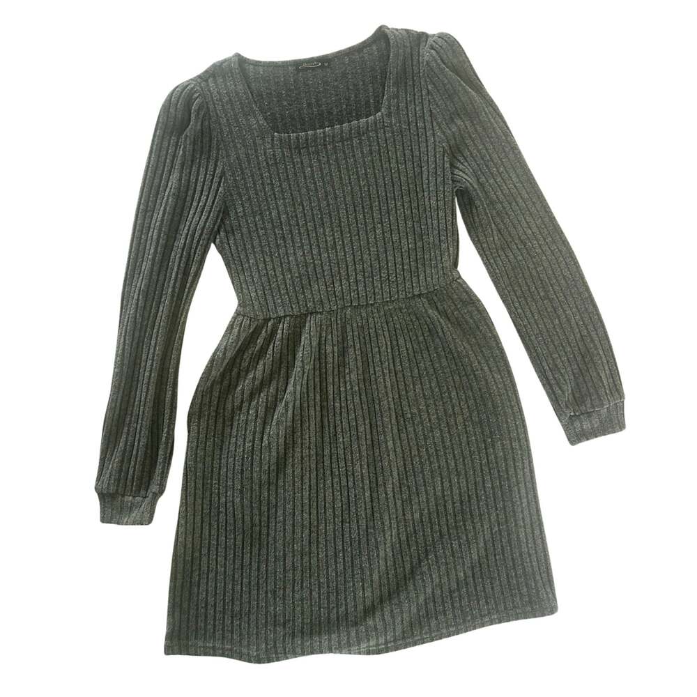 OFEEFAN M Gray Ribbed Knit Sweater Dress Pockets Square Neck Fall Cozy